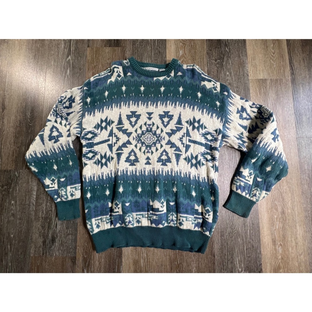 Claiborne Sweater Mens XL Teal Blue Geometric Southwestern Cotton Knit Vintage